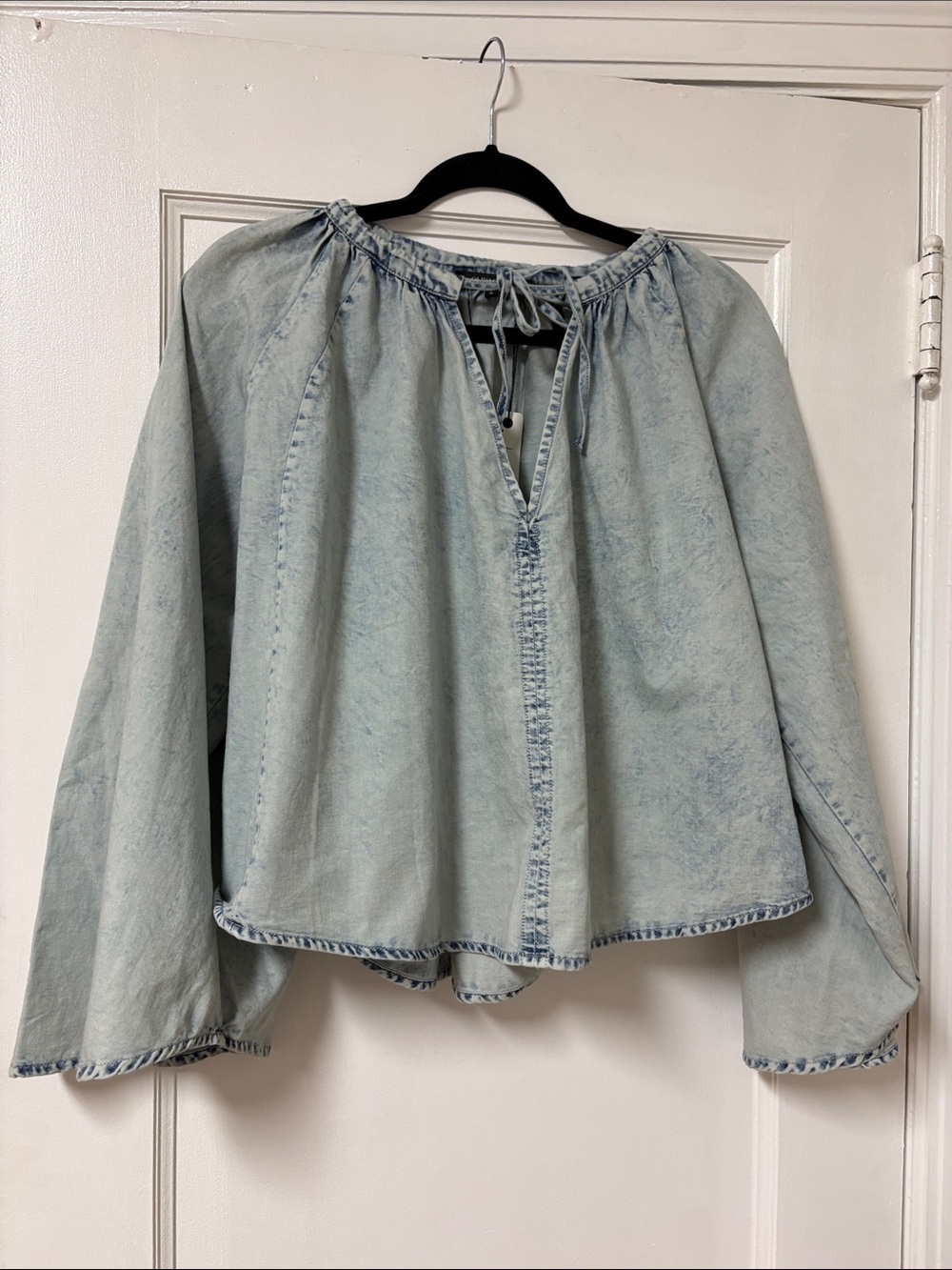 Olivaceous Light Blue Washed Peasant Blouse